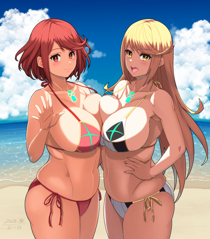 2girls arm_up beach bikini blonde_hair blood blush breast_press breasts cleavage gem hand_on_hip hero_(do-belman) highres mythra_(xenoblade) pyra_(xenoblade) large_breasts long_hair looking_at_viewer multiple_girls navel open_mouth red_bikini red_eyes redhead sand short_hair sky smile standing swimsuit symmetrical_docking v water white_bikini xenoblade_(series) xenoblade_2 yellow_eyes