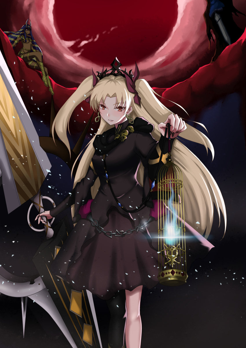 2girls absurdres armored_boots asymmetrical_legwear black_dress black_legwear black_nails blonde_hair blue_hair blush boots brown_eyes dark_skin dress earrings ereshkigal_(fate/grand_order) eyebrows_visible_through_hair fate/grand_order fate_(series) floating_hair hair_ribbon highres holding holding_lantern holding_weapon jewelry lantern long_hair looking_at_viewer multiple_girls murasaki_tachi nail_polish parted_lips purple_ribbon ribbon short_dress smile solo_focus standing thigh_strap twintails very_long_hair weapon