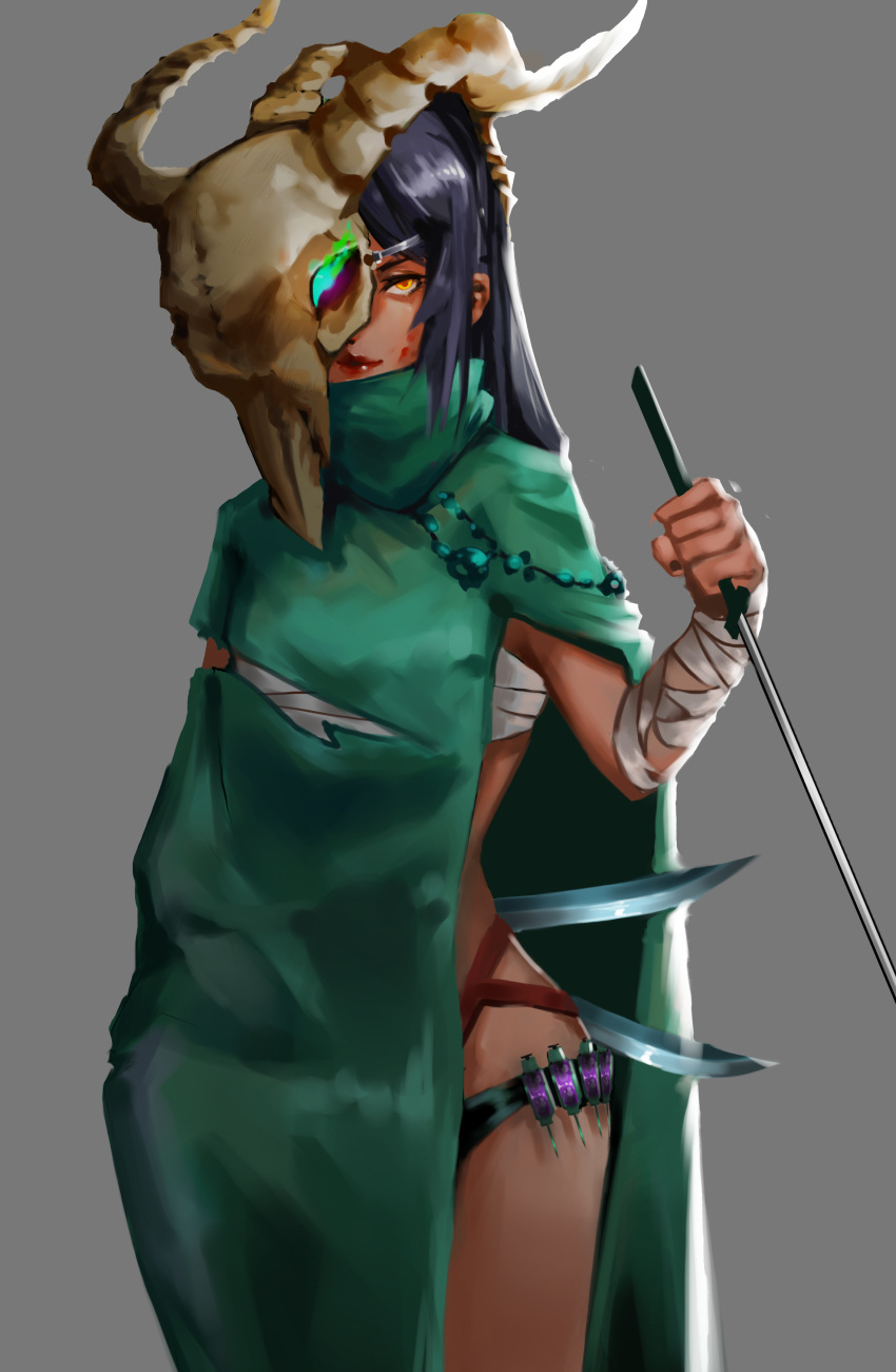 1girl absurdres aushi bandage bandaged_arm bandages black_hair blood blood_on_face brown_eyes cape clenched_hand dagger grey_background highres holding holding_dagger holding_weapon long_hair looking_at_viewer sarashi sketch skull_mask slay_the_spire smile solo standing syringe the_silent torn_cape weapon