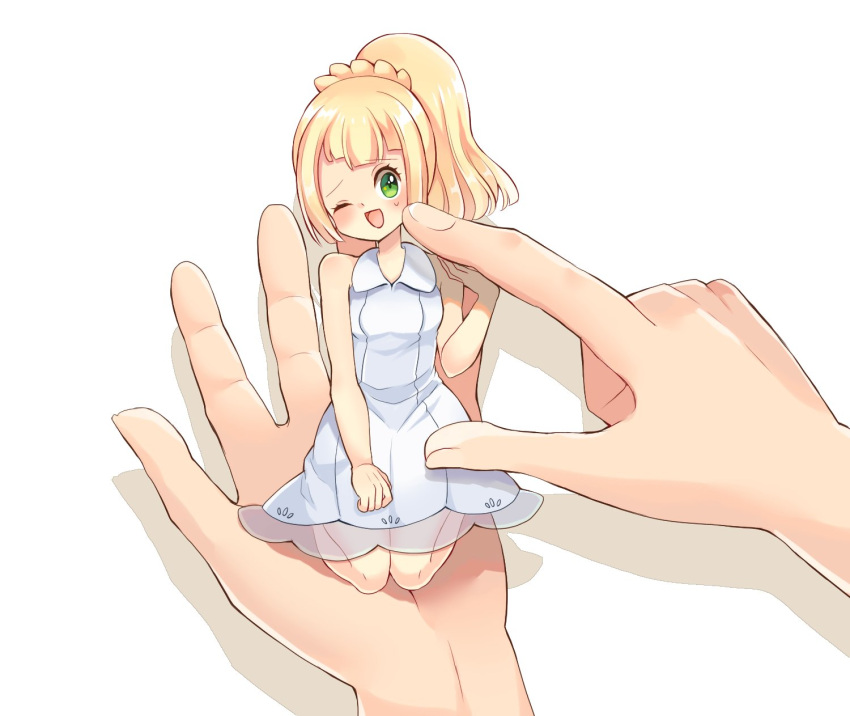 1girl blonde_hair blush dress green_eyes highres kazuru_wa lillie_(pokemon) long_hair minigirl one_eye_closed open_mouth pokemon pokemon_(anime) pokemon_sm_(anime) poking ponytail see-through simple_background sleeveless sleeveless_dress solo white_background white_dress