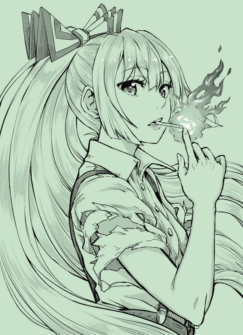 1girl absurdres bangs bow buttons cigarette collared_shirt commentary_request eyebrows_visible_through_hair fire from_side fujiwara_no_mokou green green_background hair_bow highres long_hair looking_at_viewer monochrome natsushiro ponytail shirt simple_background smoking solo suspenders torn_clothes torn_sleeves touhou upper_body