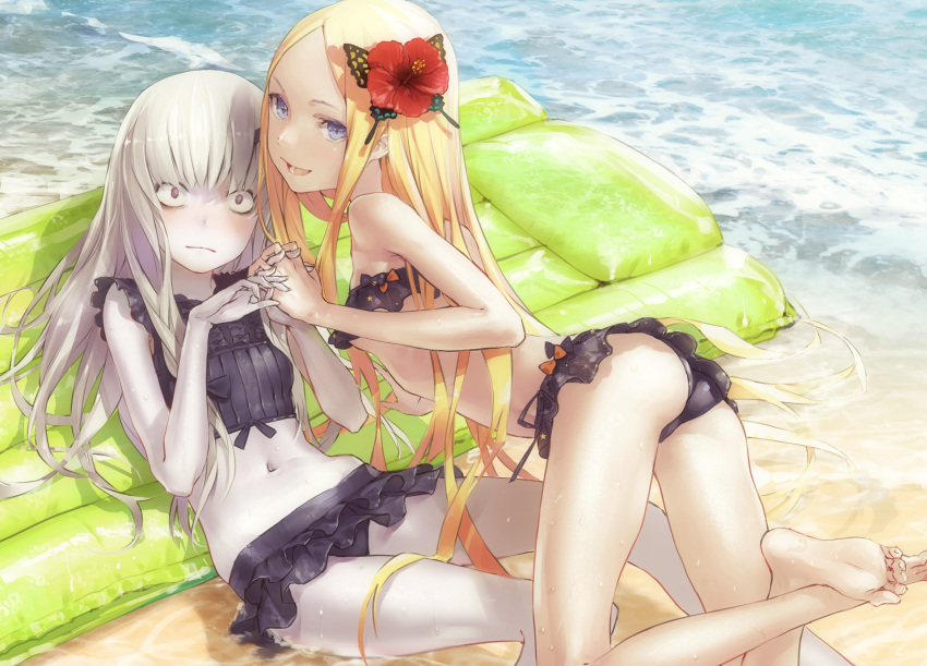 2girls abigail_williams_(fate/grand_order) all_fours ass bandeau bangs bare_shoulders barefoot beach bikini bikini_skirt black_bikini blonde_hair breasts butterfly_hair_ornament day fate/grand_order fate_(series) feet flower frilled_bikini frills from_side hair_flower hair_ornament hand_holding hibiscus highres inflatable_raft interlocked_fingers lavender_hair lavinia_whateley_(fate/grand_order) long_hair looking_at_viewer lying multiple_girls navel on_back outdoors pale_skin parted_bangs redjuice small_breasts swimsuit very_long_hair violet_eyes wet wide-eyed