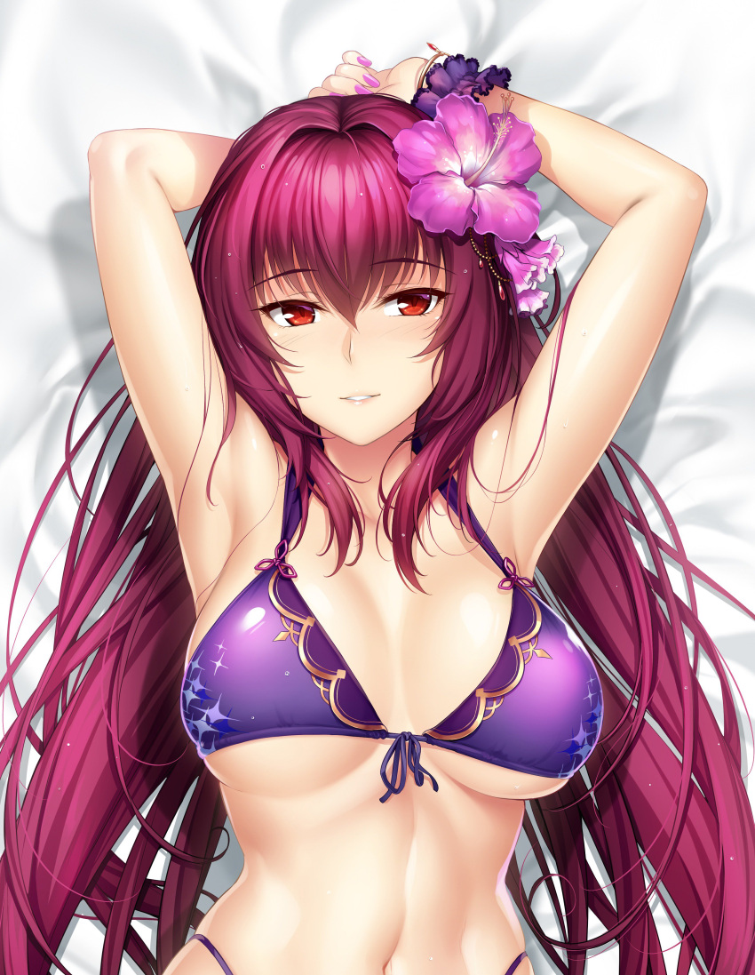 1girl absurdres armpits arms_up bikini bracelet breasts eyebrows_visible_through_hair fate/grand_order fate_(series) flower hair_flower hair_ornament highleg highleg_bikini highres jewelry large_breasts long_hair looking_at_viewer lying nail_polish navel okitakung on_back parted_lips purple_bikini purple_hair red_eyes scathach_(fate)_(all) side-tie_bikini sidelocks smile solo swimsuit wrist_cuffs