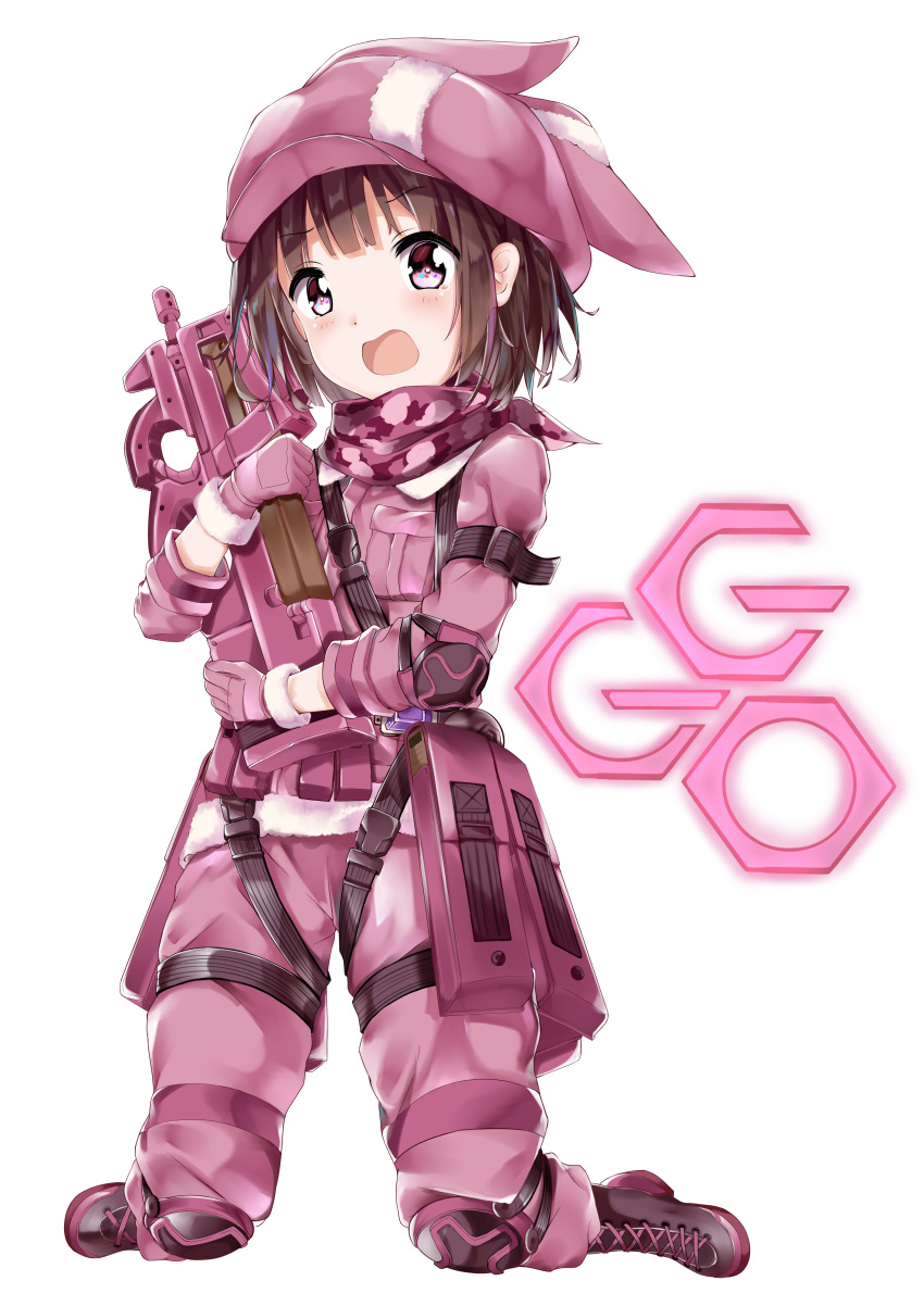 1girl absurdres animal_hat bandanna belt brown_hair bullpup bunny_hat camouflage commentary cross-laced_footwear elbow_pads eyebrows_visible_through_hair frown full_body fuyuki030 gloves gun hat highres holding holding_gun holding_weapon jacket knee_pads kneeling llenn_(sao) logo long_sleeves looking_at_viewer open_mouth p-chan_(p-90) p90 pants pink_eyes pink_gloves pink_hat pink_jacket pink_pants purple_footwear short_hair simple_background submachine_gun sword_art_online sword_art_online_alternative:_gun_gale_online tactical_clothes tearing_up uniform utility_belt weapon white_background