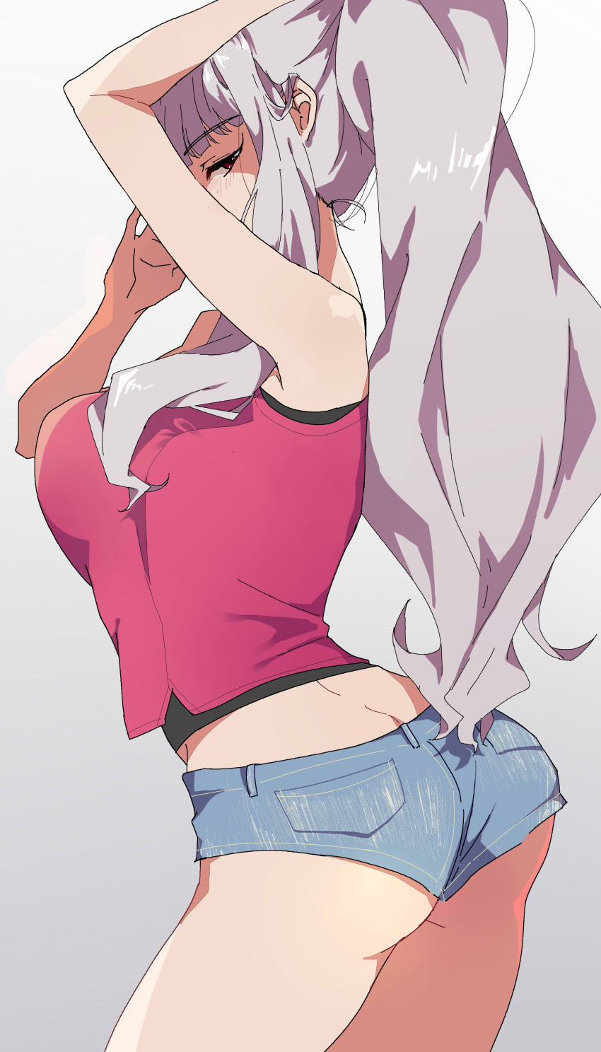 1girl absurdres arms_up ass bangs bare_shoulders breasts denim denim_shorts highres hips idolmaster idolmaster_(classic) katsu_(kana) large_breasts long_hair looking_at_viewer looking_to_the_side pink_tank_top ponytail shijou_takane short_shorts shorts silver_hair simple_background solo thighs violet_eyes waist white_background