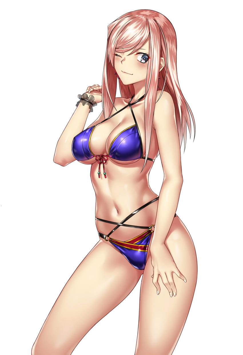 1girl ;) absurdres adapted_costume bangs bikini blue_bikini blue_eyes blush breasts bright_pupils cleavage contrapposto cowboy_shot criss-cross_halter eyebrows_visible_through_hair fate/grand_order fate_(series) hair_down halterneck hand_on_own_thigh hand_up highres kai_(pixiv12466647) long_hair medium_breasts miyamoto_musashi_(fate/grand_order) navel o-ring o-ring_bikini o-ring_bottom one_eye_closed pink_hair sidelocks simple_background smile solo swept_bangs swimsuit white_background wrist_cuffs
