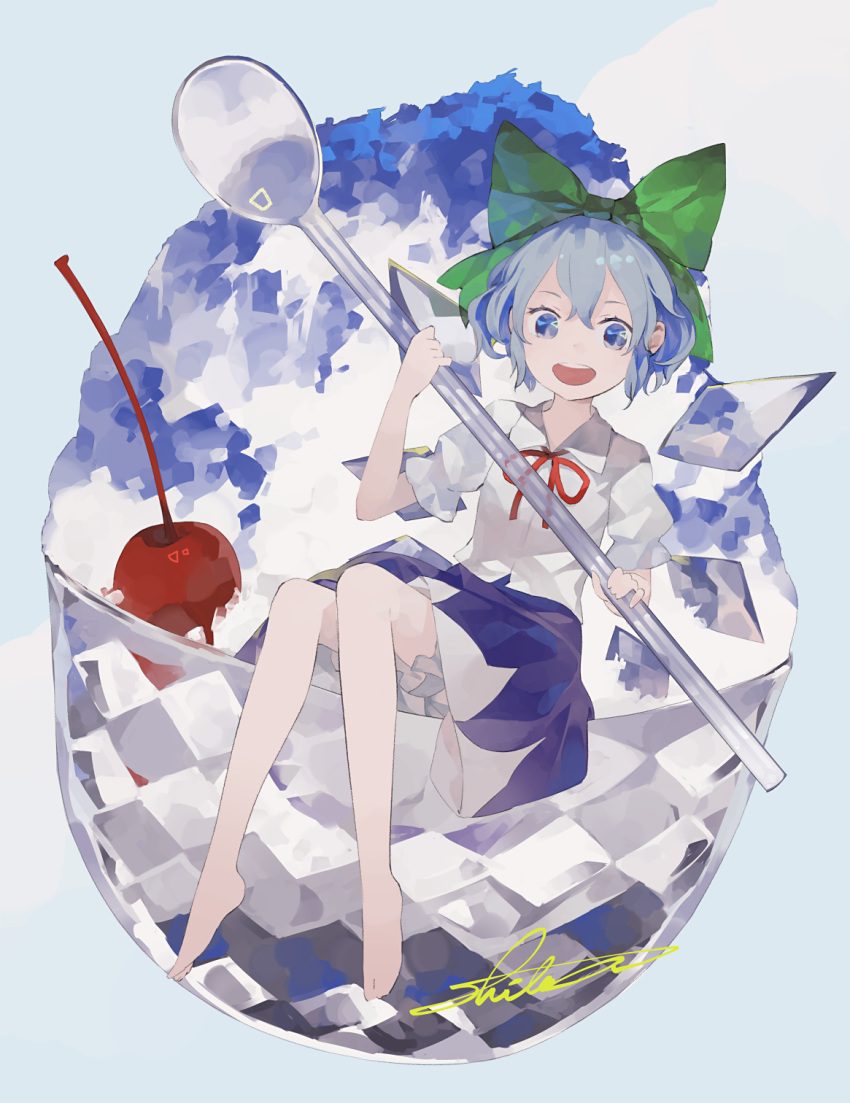 1girl :d barefoot bloomers blue_eyes blue_hair blue_sky bow cherry cirno clouds collared_shirt dot_nose food frills fruit green_bow hair_bow hair_ornament hands_up highres holding holding_spoon ice ice_wings looking_at_viewer minigirl open_mouth puffy_short_sleeves puffy_sleeves round_teeth shaved_ice shihou_(g-o-s) shirt short_hair short_sleeves signature sitting sky smile solo spoon teeth touhou underwear white_shirt wing_collar wings