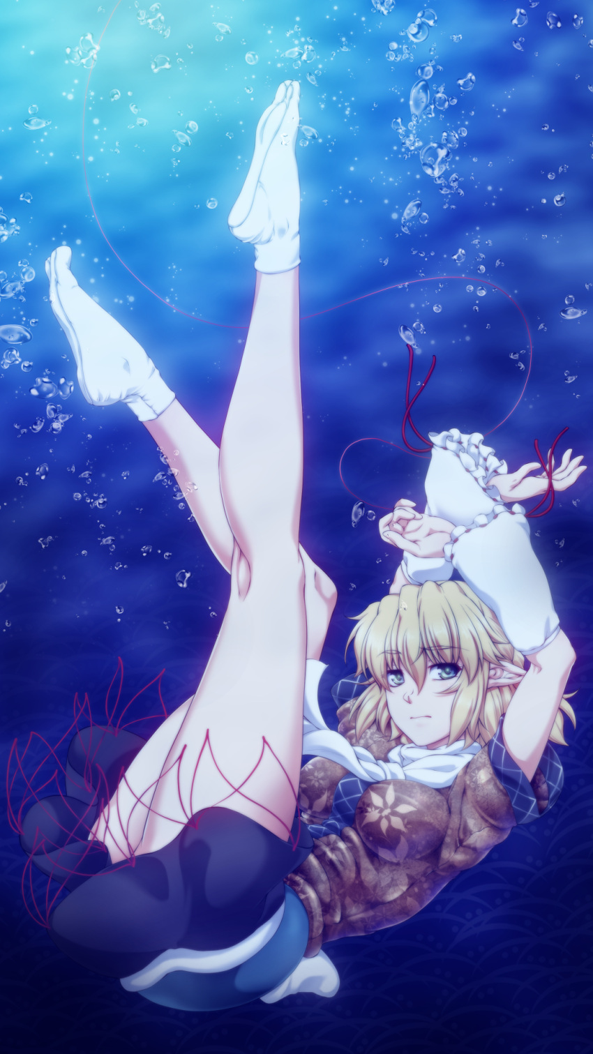1girl arm_warmers blonde_hair breasts bubble commentary_request eyebrows_visible_through_hair full_body green_eyes highres impossible_clothes legs medium_breasts mizuhashi_parsee no_shoes ootsuki_wataru pointy_ears scarf short_hair socks solo tabi touhou underwater