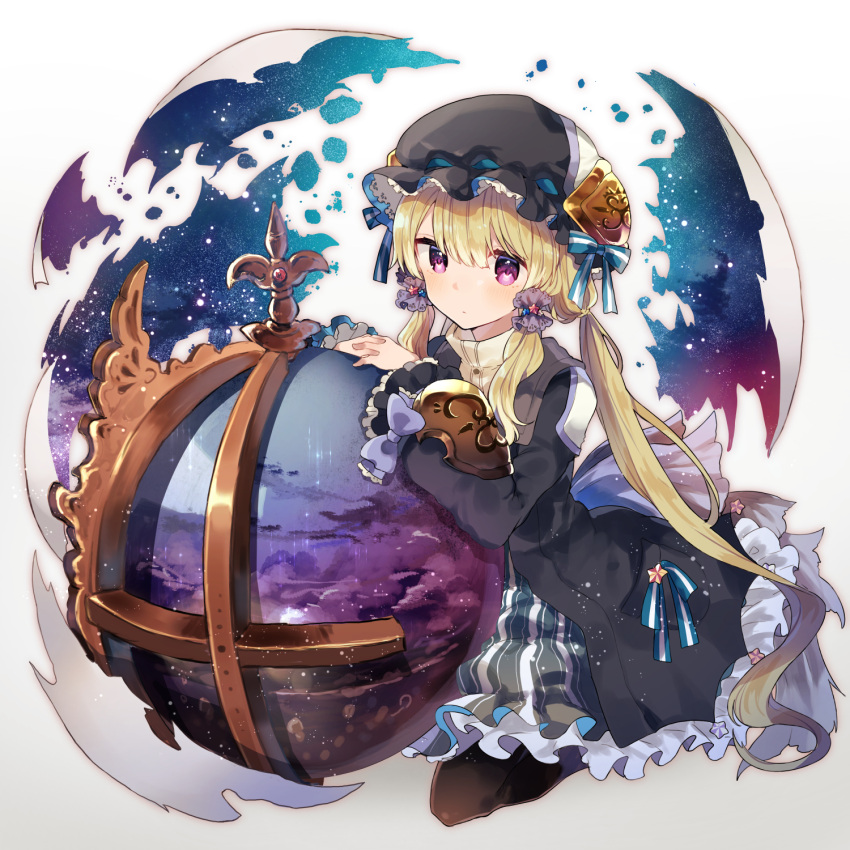 1girl bangs black_dress black_hat black_legwear blonde_hair blue_bow bow closed_mouth commentary_request dress eyebrows_visible_through_hair globe gradient gradient_background grey_background hair_between_eyes hat highres ikeuchi_tanuma interlocked_fingers long_hair long_sleeves looking_at_viewer low_twintails mob_cap original own_hands_together pantyhose purple_bow seiza sidelocks sitting sky solo star star_(sky) starry_sky striped striped_bow twintails very_long_hair violet_eyes white_background wide_sleeves