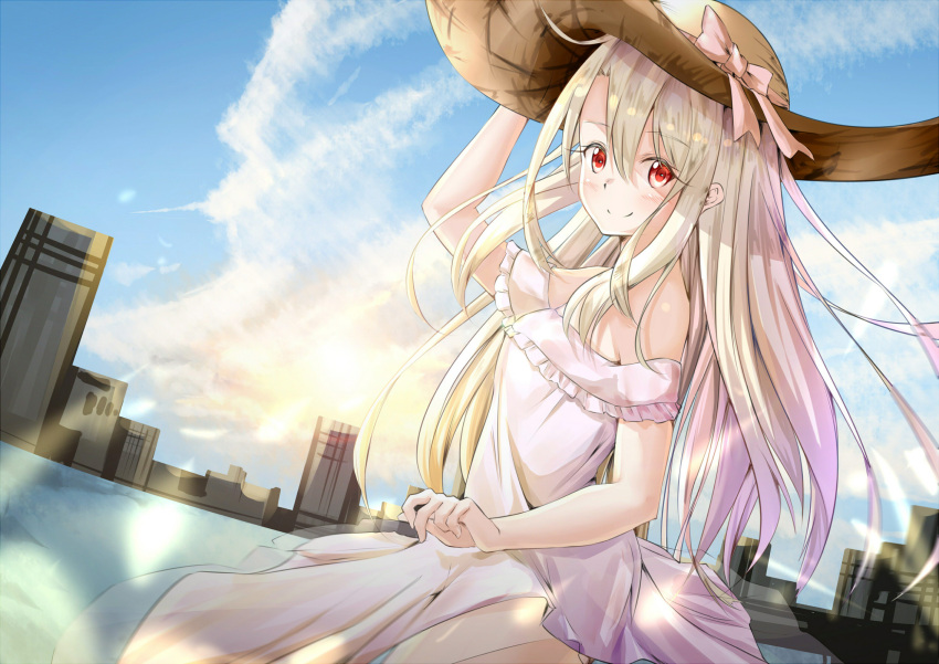 1girl arm_up bangs bare_shoulders blue_sky blush bow brown_hat building cityscape closed_mouth clouds cloudy_sky commentary_request day dress eyebrows_visible_through_hair fate/kaleid_liner_prisma_illya fate_(series) fingernails frilled_dress frills hair_between_eyes hand_on_headwear hat hat_bow highres illyasviel_von_einzbern lake long_hair off-shoulder_dress off_shoulder outdoors pink_bow precision red_eyes sky skyscraper smile solo sun_hat very_long_hair water white_dress