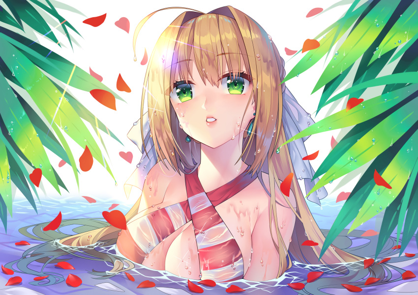 1girl absurdres ahoge bangs bead_bracelet beads bikini blush bow bracelet breasts cleavage commentary_request criss-cross_halter earrings eyebrows_visible_through_hair fate/extra fate/grand_order fate_(series) green_eyes hair_between_eyes hair_bow hair_intakes hair_ribbon halter_top halterneck highres jewelry lips long_hair looking_at_viewer may_(2747513627) nero_claudius_(fate) nero_claudius_(fate)_(all) nero_claudius_(swimsuit_caster)_(fate) partially_submerged pink_lips red_bikini relaxing ribbon saber_extra side-tie_bikini solo striped striped_bikini swimsuit twintails very_long_hair water wet wet_clothes wet_hair
