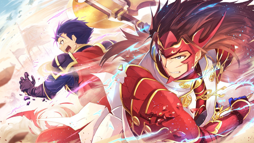 2boys armor axe blue_eyes blue_hair brown_eyes brown_hair cape fire_emblem fire_emblem:_rekka_no_ken fire_emblem_heroes fire_emblem_if gloves hector_(fire_emblem) highres long_hair male_focus multiple_boys nakabayashi_zun open_mouth raijintou_(sword) red_armor ryouma_(fire_emblem_if) short_hair smile spiky_hair sword very_long_hair weapon