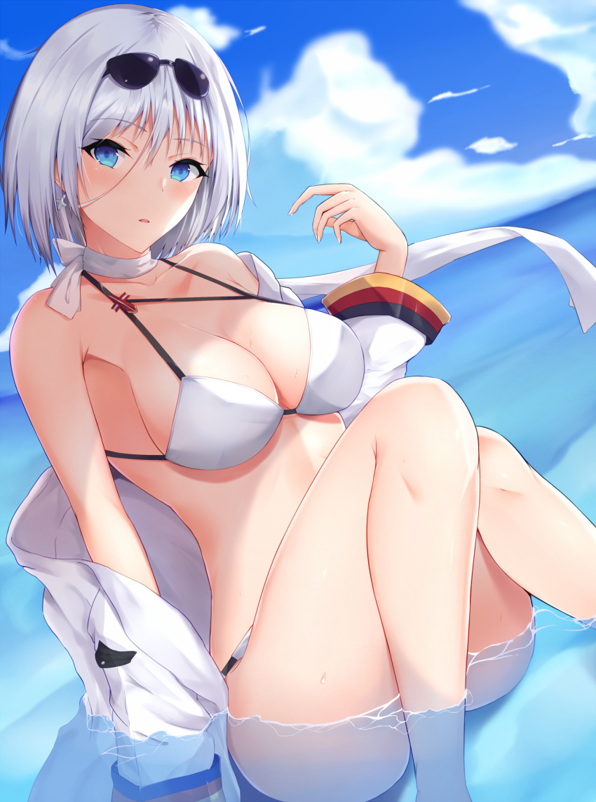 1girl alternate_costume arm_support armpits azur_lane baggy_clothes bangs bikini blue_eyes breasts cleavage coat collarbone cowboy_shot cross cross_earrings day earrings erect_nipples eyebrows_visible_through_hair eyewear_on_head hair_between_eyes hand_up head_tilt highres jewelry large_breasts looking_at_viewer open_mouth outdoors partially_submerged ranju_aira scarf short_hair sidelocks silver_hair sitting skindentation solo stomach sunglasses swimsuit thighs tirpitz_(azur_lane) white_bikini white_coat white_scarf wind yokozuwari