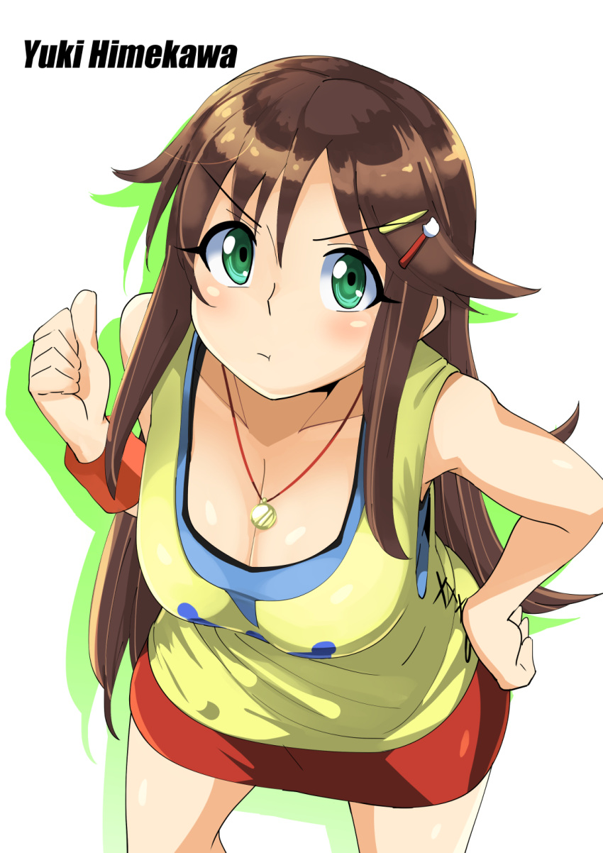 1girl :t bare_arms bare_shoulders breasts brown_hair character_name cleavage closed_mouth cowboy_shot eyebrows_visible_through_hair green_eyes hair_ornament hairclip hand_on_hip highres himekawa_yuki idolmaster idolmaster_cinderella_girls jewelry legs_apart long_hair medium_breasts miniskirt necklace red_skirt silhouette simple_background skirt solo tank_top v-shaped_eyebrows white_background wristband yuuichi_(reductionblack)