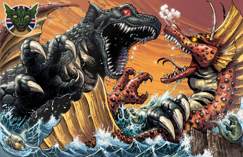 claws creature_from_the_black_lagoon crossover dinosaurs godzilla_(series) gorgo's_mother head_fins iguanodon kaiju_samurai kaijuu london monster no_humans open_mouth scales sharp_teeth tail teeth the_gill_man titanosaurus_(godzilla) tokusatsu water