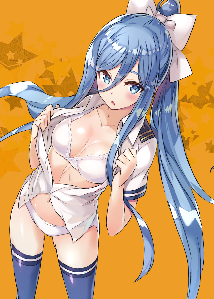 1girl :o absurdres aoki_hagane_no_arpeggio blue_eyes blue_legwear blush bow bra breasts cleavage collarbone commentary_request eyebrows_visible_through_hair from_above hair_between_eyes hair_bow highres long_hair looking_at_viewer looking_up medium_breasts mole mole_under_mouth mutsumi_masato nave open_clothes open_mouth open_shirt orange_bow panties ponytail shiny shiny_hair shirt short_sleeves sidelocks solo star takao_(aoki_hagane_no_arpeggio) underwear undressing very_long_hair white_bra white_panties white_shirt