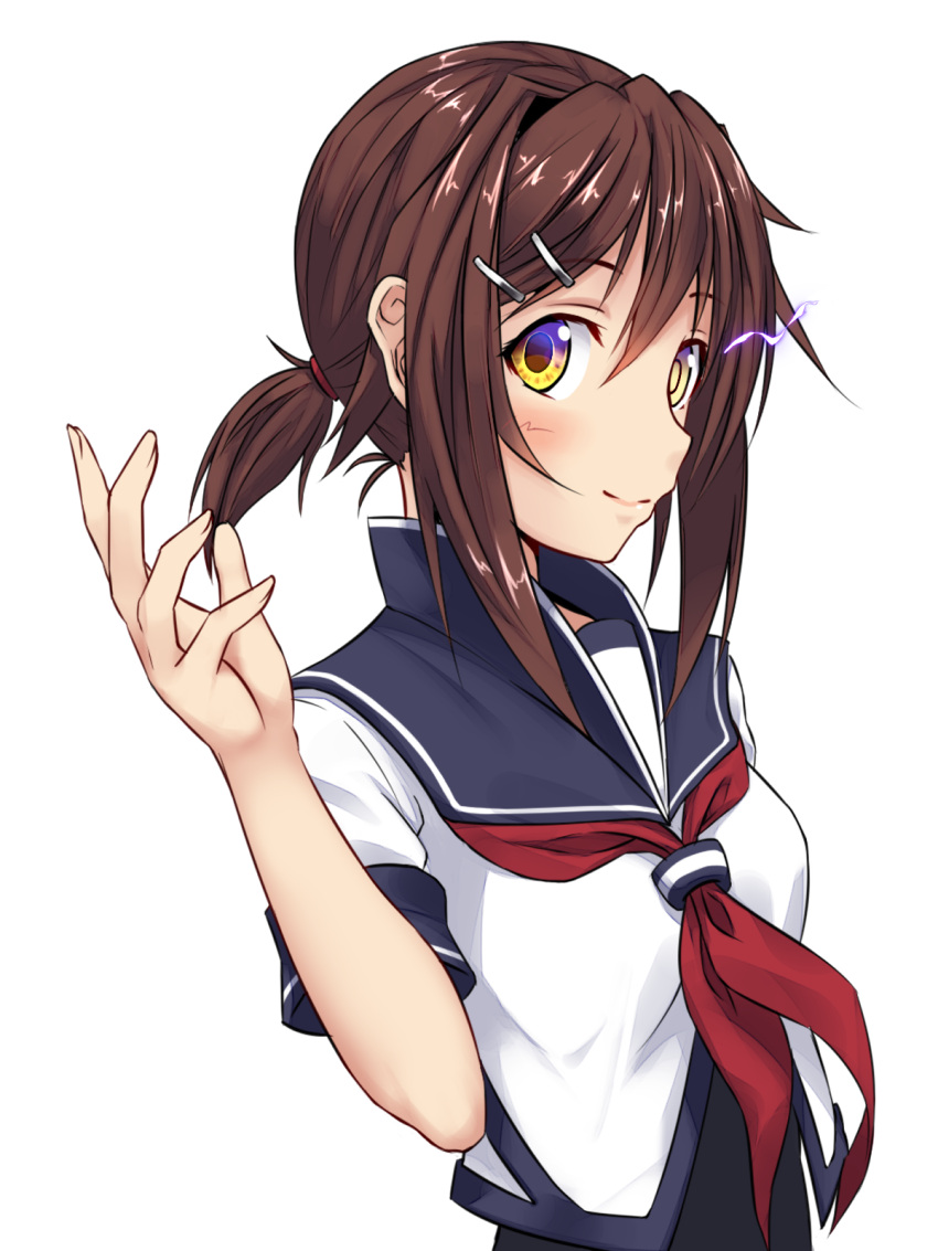 1girl alternate_hairstyle blush breasts brown_hair closed_mouth furutaka_(kantai_collection) hair_ornament hairclip highres kantai_collection long_hair looking_at_viewer neckerchief noronosuke ponytail red_neckwear school_uniform simple_background small_breasts smile solo white_background yellow_eyes