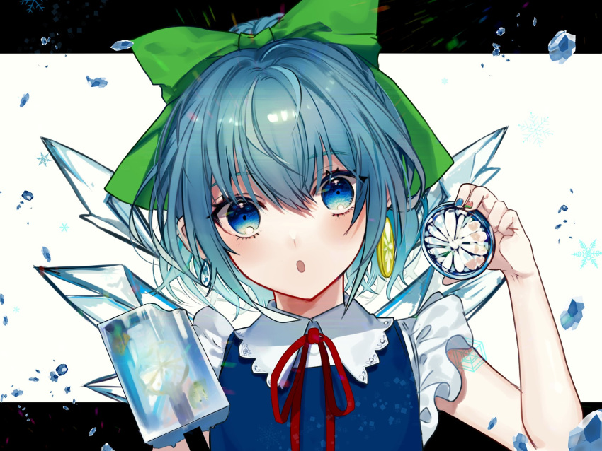 1girl :o adapted_costume bare_arms blue_dress blue_eyes blue_hair blue_nails blush bow cirno commentary daimaou_ruaeru dress earrings eyebrows_visible_through_hair food frilled_sleeves frills fruit green_bow hair_between_eyes hair_bow hand_up head_tilt highres holding holding_fruit ice ice_wings jewelry lemon lemon_slice letterboxed looking_at_viewer nail_polish neck_ribbon outside_border parted_lips pinafore_dress popsicle red_neckwear red_ribbon ribbon short_hair short_sleeves simple_background snowflakes solo touhou white_background wing_collar wings