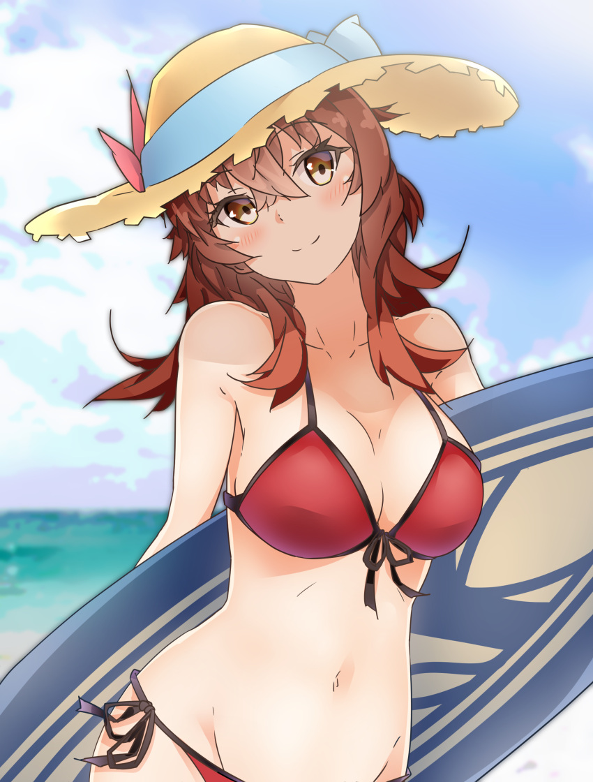 1girl absurdres alternate_breast_size arashi_(kantai_collection) beach bikini blush breasts brown_eyes cleavage collarbone day eyebrows_visible_through_hair front-tie_bikini front-tie_top hair_between_eyes harukawa_(hal501) hat highres kantai_collection looking_at_viewer medium_breasts medium_hair messy_hair mordred_(fate) mordred_(fate)_(all) mordred_(fate)_(cosplay) navel outdoors red_bikini redhead saber_of_red saber_of_red_(cosplay) side-tie_bikini smile solo straw_hat sun_hat surfboard swimsuit upper_body