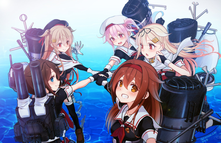 5girls adjusting_scarf ahoge anchor asymmetrical_clothes beret black_bodysuit black_legwear black_ribbon black_serafuku black_skirt blonde_hair blue_eyes blue_hair blush bodysuit braid breasts brown_eyes brown_footwear brown_hair cannon chain_around_arm chains closed_mouth day fingerless_gloves fist_bump flail gloves gradient_hair hair_between_eyes hair_flaps hair_ornament hair_over_shoulder hair_ribbon hairband hairclip harusame_(kantai_collection) hat heterochromia highres kantai_collection kuroten light_brown_hair loafers long_hair looking_at_viewer machinery messy_hair multicolored_hair multiple_girls murasame_(kantai_collection) neckerchief ocean open_mouth orange_eyes outdoors parted_lips partial_bodysuit pink_eyes pink_hair pleated_skirt red_eyes red_hairband remodel_(kantai_collection) ribbon rigging sailor_collar scarf school_uniform serafuku shigure_(kantai_collection) shiratsuyu_(kantai_collection) shoes short_hair short_sleeves side_ponytail single_braid single_thighhigh skirt smile standing standing_on_liquid thigh-highs torpedo_launcher turret twintails two_side_up very_long_hair weapon whistle yuudachi_(kantai_collection)