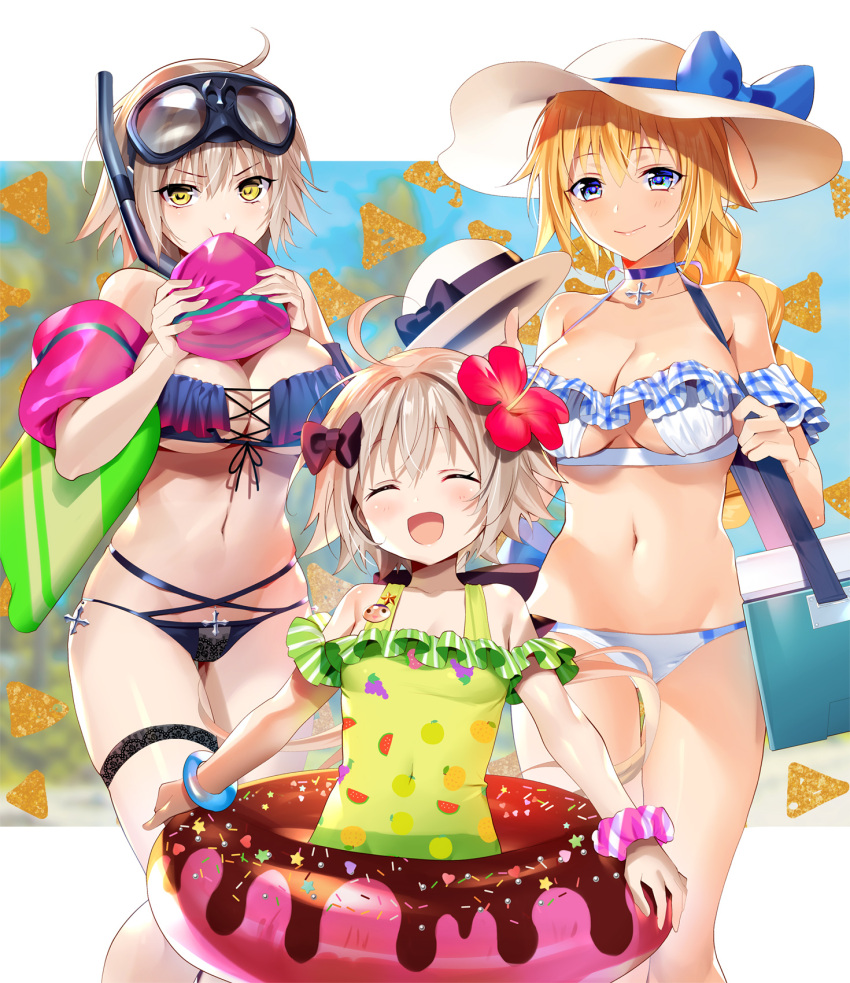 3girls :d ^_^ ahoge bangs bare_shoulders bikini black_bikini black_bow blonde_hair blowing blue_bow blue_eyes blurry blurry_background blush bow box braid breasts casual_one-piece_swimsuit cleavage closed_eyes closed_eyes collarbone commentary_request cowboy_shot cross cross_choker eyebrows_visible_through_hair facing_viewer fate_(series) floaties flower front-tie_bikini front-tie_top goggles goggles_on_head green_swimsuit grey_hair hair_bow hair_flower hair_ornament hat hat_bow hat_removed headwear_removed hibiscus highres holding holding_hat innertube jeanne_d'arc_(alter)_(fate) jeanne_d'arc_(fate) jeanne_d'arc_(fate)_(all) jeanne_d'arc_alter_santa_lily kickboard large_breasts long_hair multiple_girls murakami_yuichi navel one-piece_swimsuit open_mouth outdoors print_swimsuit scrunchie shiny shiny_skin single_braid smile snorkel sun_hat swimsuit thigh_gap thigh_strap under_boob v-shaped_eyebrows very_long_hair white_bikini white_hat wrist_scrunchie