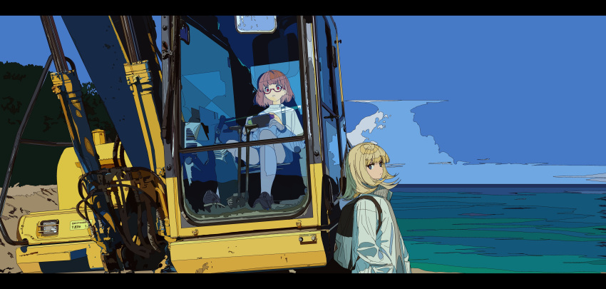 2girls :d absurdres backpack bag bangs blonde_hair blue_eyes blue_shorts blue_sky brown_footwear brown_hair closed_mouth clouds commentary_request day excavator glasses handheld_game_console highres holding horizon jacket kneehighs kogecha_(coge_ch) loafers looking_at_viewer looking_to_the_side multiple_girls ocean open_clothes open_jacket open_mouth original outdoors red-framed_eyewear red_eyes semi-rimless_eyewear shirt shoes short_shorts shorts sitting sky smile standing under-rim_eyewear water white_jacket white_legwear white_shirt
