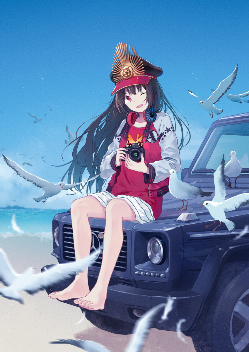 1girl ;d barefoot beach bird black_hair black_hat blue_sky camera casual day fate/grand_order fate_(series) floating_hair full_body hat headphones headphones_around_neck highres holding holding_camera jacket long_hair looking_at_viewer military_hat mimengfeixue miniskirt ocean oda_nobunaga_(fate) on_vehicle one_eye_closed open_clothes open_jacket open_mouth outdoors red_eyes red_shirt shirt sitting skirt sky smile solo striped striped_skirt very_long_hair white_skirt