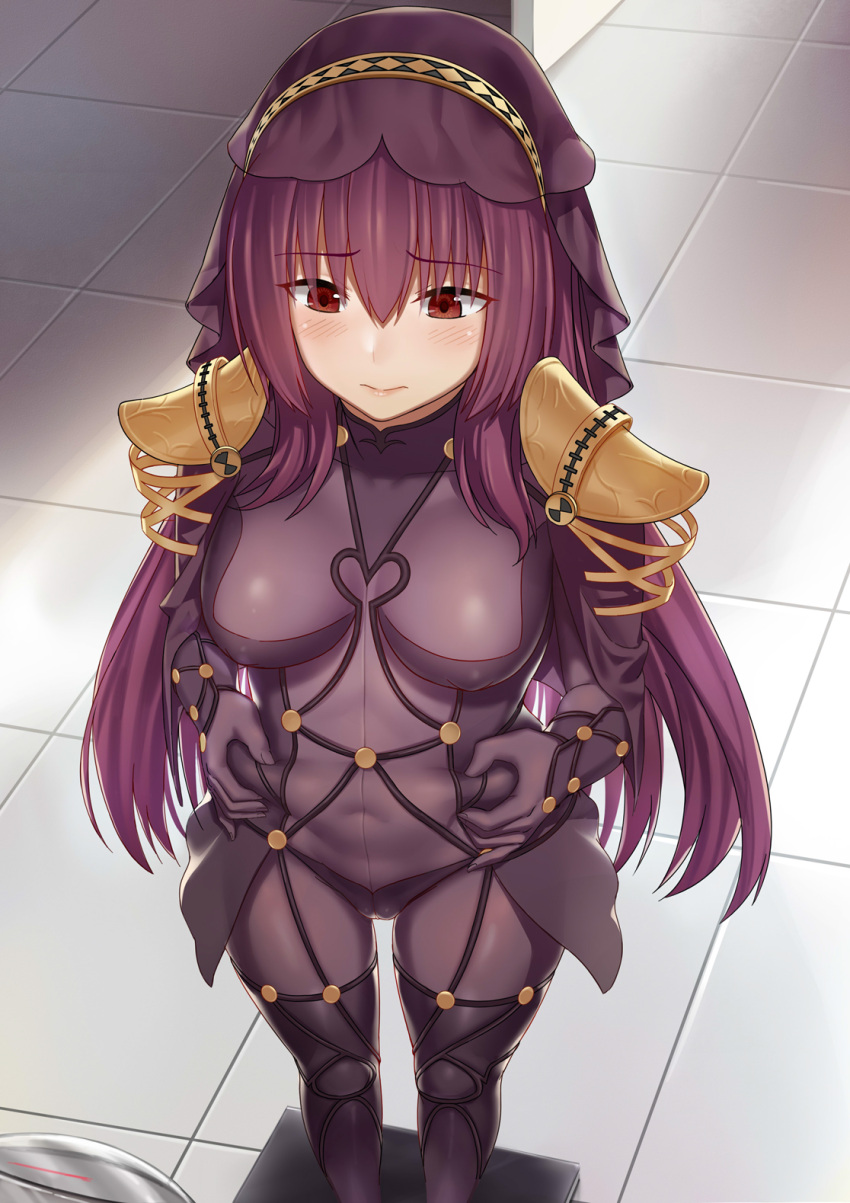 1girl belly belly_grab blush bodysuit breasts covered_navel erect_nipples fat_folds fate/grand_order fate_(series) hair_intakes highres large_breasts long_hair pauldrons pinching plump polearm purple_bodysuit purple_hair red_eyes scathach_(fate)_(all) scathach_(fate/grand_order) shoulder_armor shoutai_(7490773) solo spear veil weapon weight_conscious