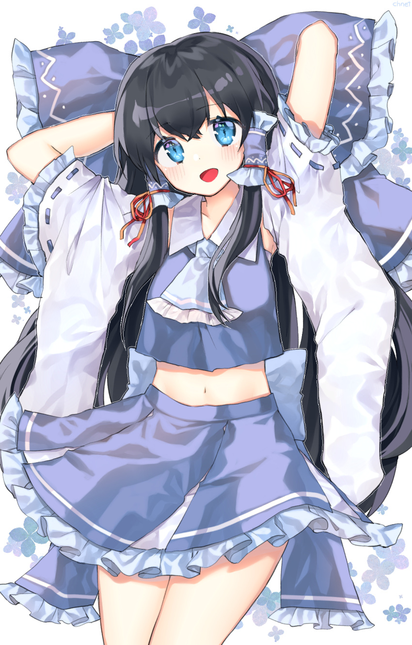 1girl :d alternate_color arms_behind_head black_hair blue_eyes blue_neckwear blue_ribbon blue_skirt blush bow cheunes detached_sleeves flower hakurei_reimu highres large_bow long_hair looking_at_viewer midriff miniskirt navel open_mouth ribbon sarashi skirt smile solo touhou very_long_hair wide_sleeves