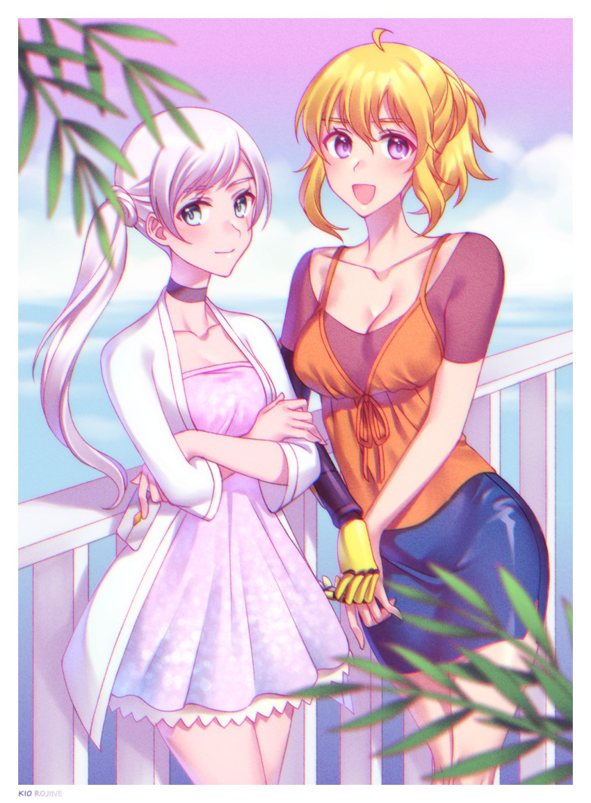 2girls beach blonde_hair blue_eyes breasts card cleavage commentary_request crossed_arms dress highres jacket kio_rojine miniskirt multiple_girls prosthesis prosthetic_arm rwby scar scar_across_eye skirt violet_eyes weiss_schnee white_hair yang_xiao_long