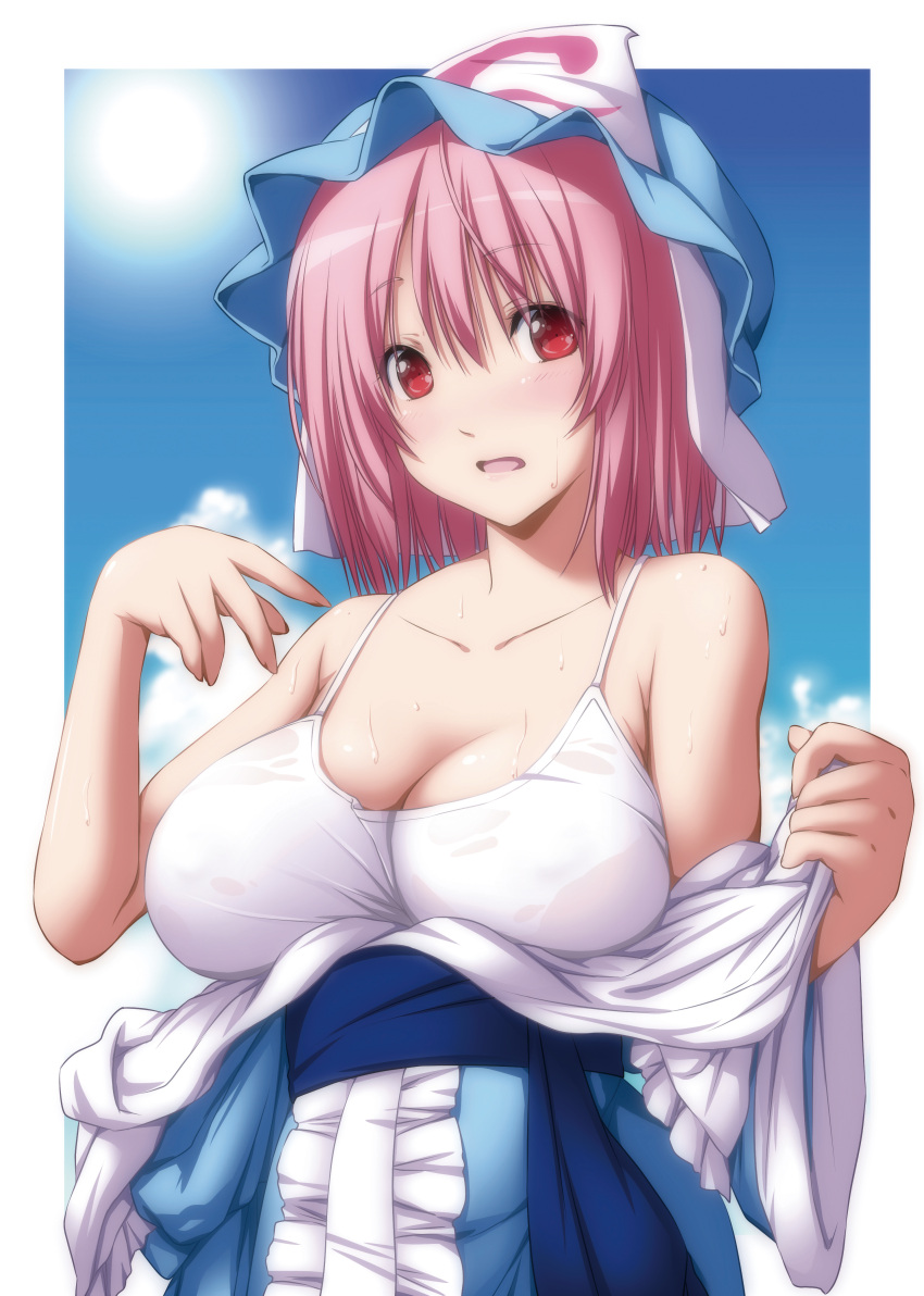 1girl absurdres bare_arms bare_shoulders blue_dress blue_hat blue_sash blue_sky blush border breasts center_frills cleavage clouds collarbone commentary_request day dress eyebrows_visible_through_hair hair_between_eyes hand_up hat highres hot large_breasts long_sleeves looking_at_viewer looking_to_the_side mob_cap nori_tamago open_mouth outdoors outside_border pink_hair red_eyes saigyouji_yuyuko shiny shiny_skin short_hair sky solo spaghetti_strap sun sweat touhou triangular_headpiece upper_body veil white_border wide_sleeves