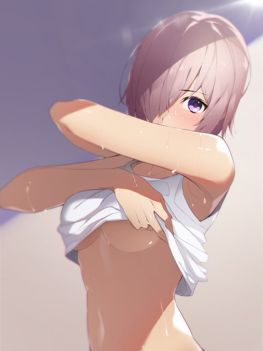 1girl absurdres armpits arms_up blush breasts crop_top eyebrows_visible_through_hair fate/grand_order fate_(series) hair_over_one_eye highres looking_at_viewer mash_kyrielight medium_breasts melikecurry navel purple_hair shirt_lift short_hair solo sunlight sweat under_boob undressing violet_eyes