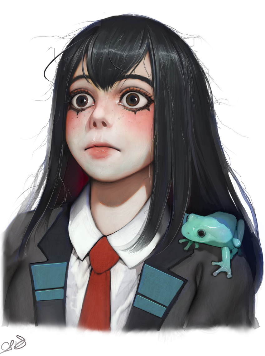 1girl asui_tsuyu bangs black_hair boku_no_hero_academia brown_eyes closed_mouth collared_shirt dress_shirt eyebrows eyeliner highres lips long_hair makeup mascara messy_hair necktie nose parted_bangs randy_(awesomevillage) red_neckwear school_uniform shiny shiny_hair shirt simple_background solo source_request upper_body white_background white_shirt wide-eyed wing_collar