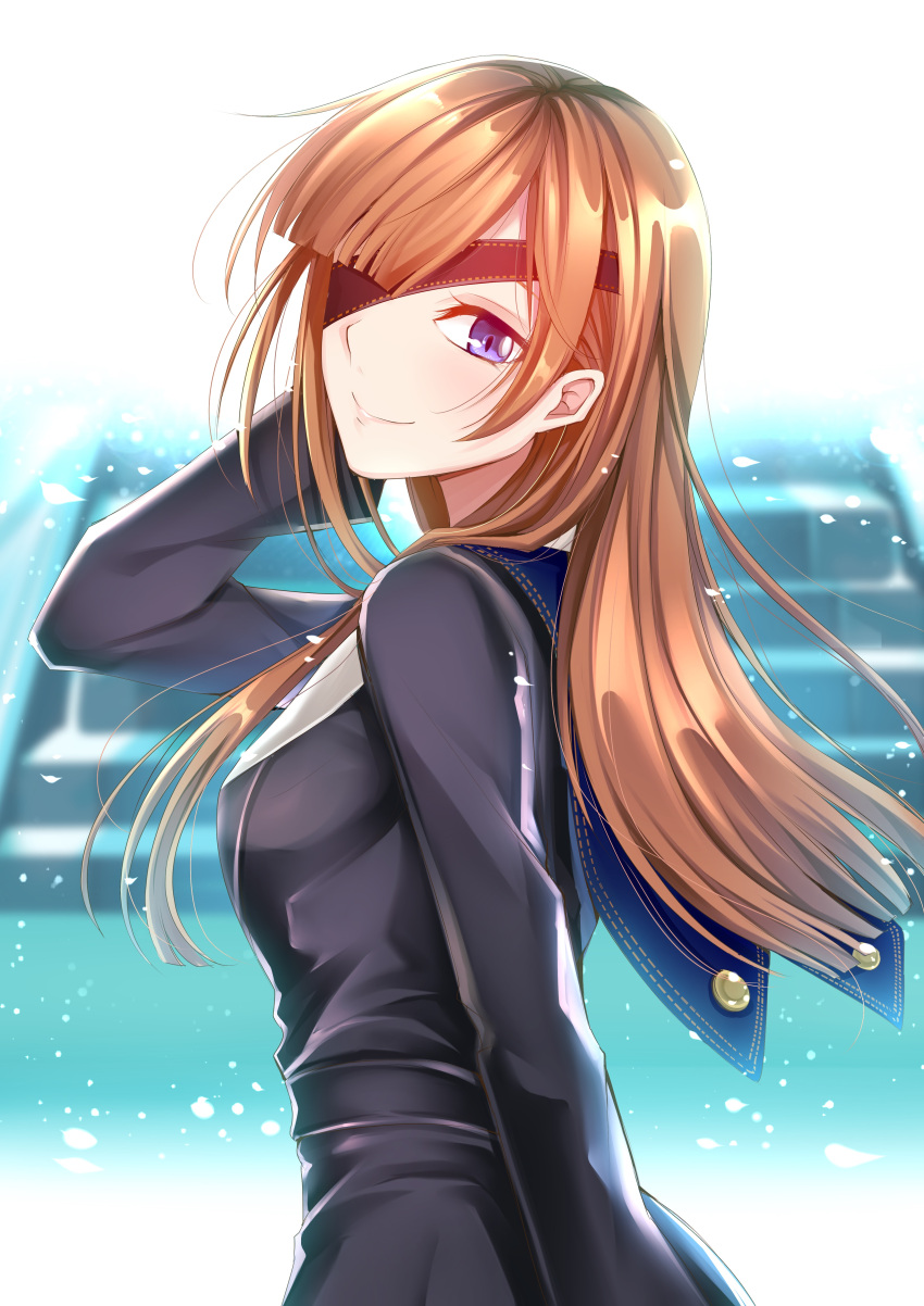 1girl absurdres backlighting blue_eyes blurry blurry_background brown_hair eyepatch fate/grand_order fate_(series) floating_hair from_behind gu_li hand_in_hair highres long_hair looking_at_viewer looking_back ophelia_phamrsolone smile solo stairs upper_body