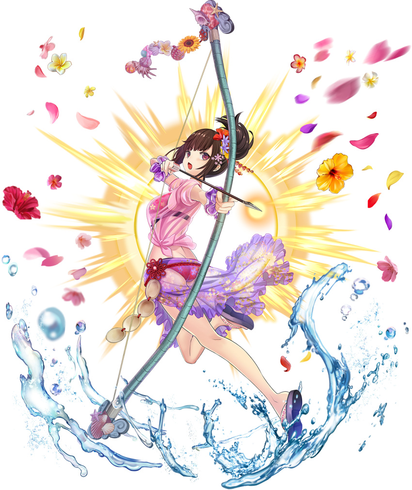 &gt;:o 1girl aiming arrow artist_request ass bikini bow_(weapon) breasts brown_hair flower full_body hair_flower hair_ornament hibiscus highres holding holding_arrow holding_bow_(weapon) holding_weapon medium_breasts official_art oshiro_project oshiro_project_re pink_shirt ponytail red_bikini sandals shirt solo sunflower swimsuit tied_shirt transparent_background water_drop weapon wet wet_clothes wet_shirt yanaginogosho_(oshiro_project)