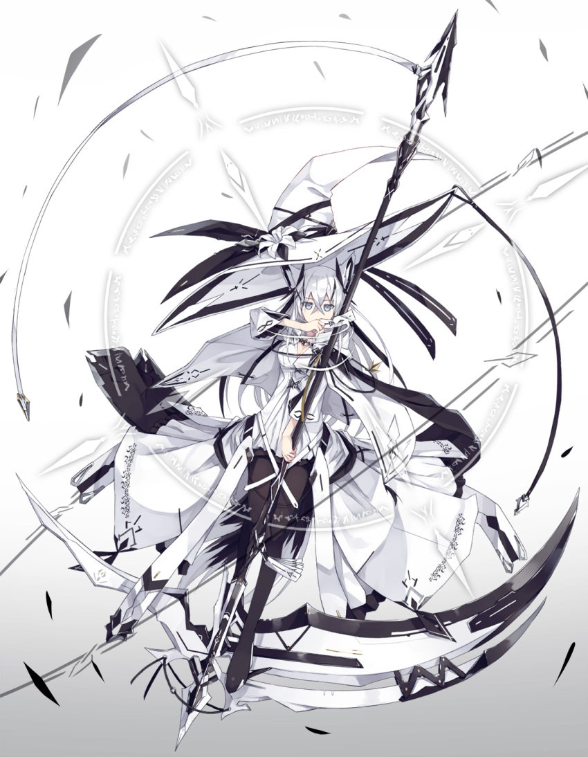 1girl animal_ears black_legwear cloak fox_ears fox_tail gradient gradient_background grey_eyes hat highres long_hair looking_at_viewer multiple_tails nagishiro_mito ofuda original scythe solo tail white_hair witch_hat