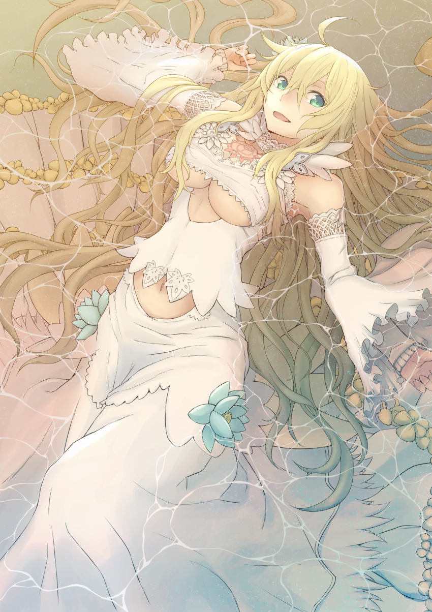 1girl ahoge bare_shoulders blonde_hair breasts detached_sleeves dies_irae dies_irae_pantheon dress flower green_eyes hair_flower hair_ornament highres large_breasts long_hair looking_at_viewer marie_(dies_irae) mioshiki navel parted_lips partially_submerged smile under_boob wide_sleeves