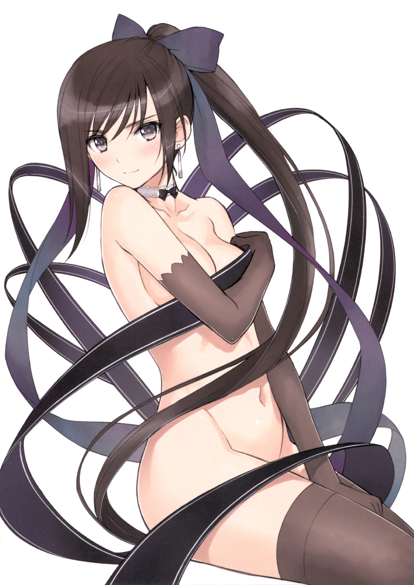 1girl absurdres black_gloves black_legwear bow breast_hold breasts brown_eyes brown_hair choker collarbone earrings elbow_gloves from_side gloves hair_bow hair_ribbon highres jewelry long_hair maxima_enfield medium_breasts naked_ribbon navel ponytail ribbon scan shining_(series) shining_blade simple_background smile solo tanaka_takayuki thigh-highs very_long_hair white_background