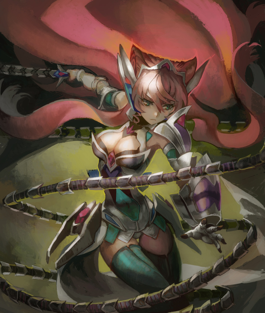 1girl armor breasts cleavage cleavage_cutout closed_mouth covered_navel gauntlets green_eyes hair_between_eyes headgear highres holding holding_sword holding_weapon large_breasts leotard long_hair maria_cadenzavna_eve pink_hair senki_zesshou_symphogear solo sword symphogear_pendant thigh-highs visqi weapon whip_sword