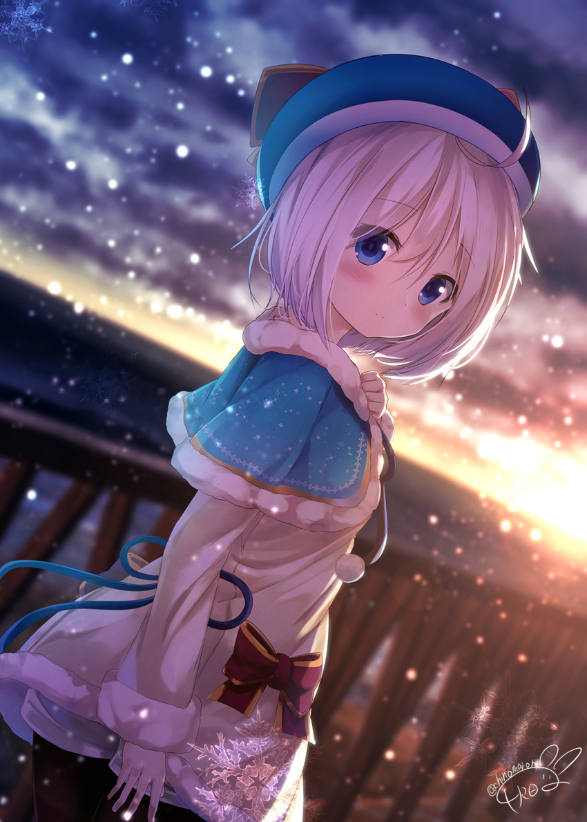 1girl animal_ears bangs beret black_legwear blue_capelet blue_eyes blue_hat blurry blurry_background capelet chinomaron closed_mouth clouds cloudy_sky commentary_request dennou_shoujo_youtuber_shiro depth_of_field dress eyebrows_visible_through_hair fur-trimmed_capelet fur-trimmed_dress fur-trimmed_sleeves fur_trim hair_between_eyes hat highres long_sleeves looking_at_viewer looking_back outdoors pantyhose railing shiro_(dennou_shoujo_youtuber_shiro) short_shorts shorts signature silver_hair sky smile snowflakes snowing solo virtual_youtuber white_dress white_shorts