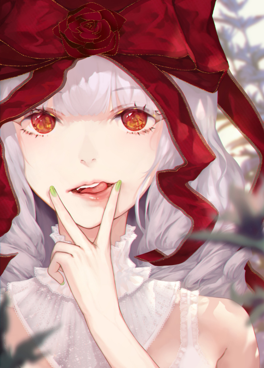1girl bangs blush bow close-up commentary detached_collar fingernails hair_between_eyes hair_bow highres jname large_bow licking_lips lips long_hair looking_at_viewer nail_polish open_mouth original red_eyes silver_hair solo symbol_commentary teeth tongue tongue_out upper_body