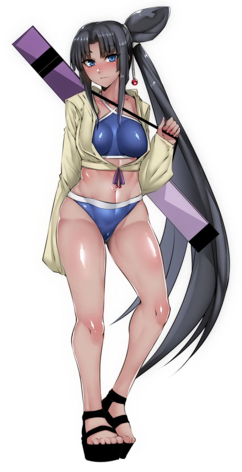 1girl absurdres bangs bikini black_hair blue_bikini blue_eyes blush breasts collarbone cropped_jacket eyebrows_visible_through_hair fate/grand_order fate_(series) full_body gggg groin hair_ribbon highres jacket jacket_over_swimsuit large_breasts long_hair long_sleeves looking_at_viewer navel nose_blush open_clothes open_jacket parted_bangs ribbon sandals shiny shiny_hair shiny_skin side_ponytail standing swimsuit tan thighs ushiwakamaru_(fate/grand_order) very_long_hair white_background yellow_jacket