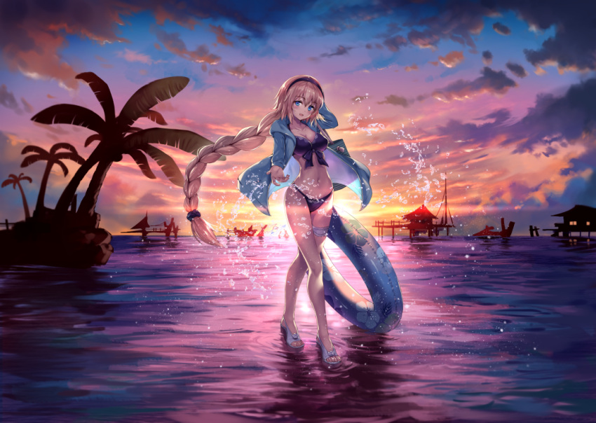 1girl arm_behind_head arm_up bag bangs bikini black_bikini black_hairband black_scrunchie blonde_hair blue_eyes blue_jacket blue_sky braid breasts cleavage clouds cloudy_sky collarbone commentary_request crossed_legs eyebrows_visible_through_hair fate/grand_order fate_(series) floating_hair front-tie_bikini front-tie_top full_body gradient_sky hair_between_eyes hairband horizon hut innertube jacket jeanne_d'arc_(fate) jeanne_d'arc_(fate)_(all) legs legs_crossed long_hair long_sleeves looking_at_viewer medium_breasts navel ocean open_clothes open_jacket open_mouth orange_sky ouka_(ra-raradan) outdoors outstretched_arm outstretched_hand palm_tree pier rock sandals scenery scrunchie shiny shiny_hair sidelocks silhouette single_braid sky smile solo standing standing_on_liquid stilt_house stomach sunset swimsuit thigh_strap tree very_long_hair water water_drop watson_cross white_footwear wind