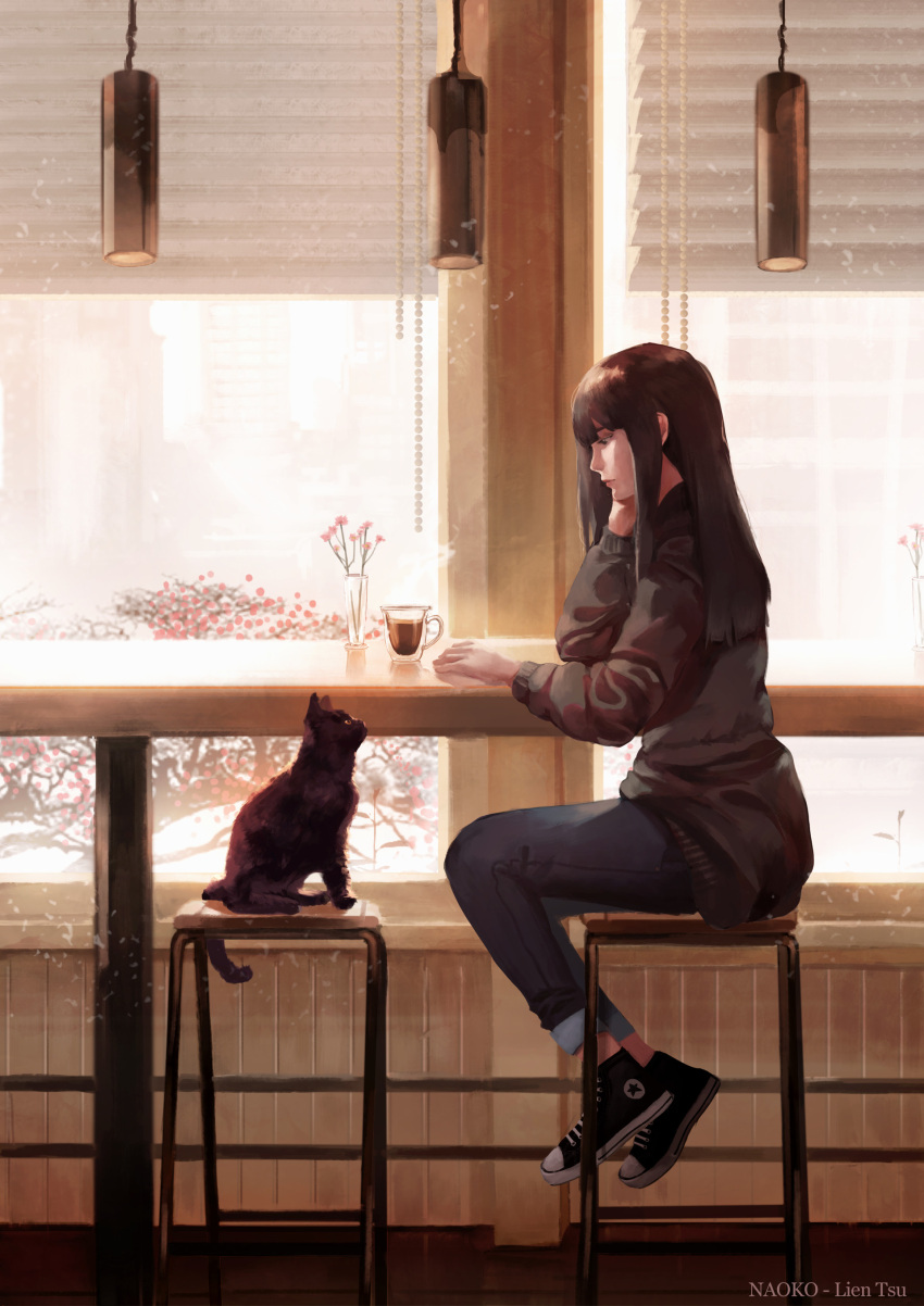 1girl absurdres animal animal_ears bangs black_cat blinds brown_eyes brown_hair building cafe cat cat_ears cat_tail coffee commentary converse counter denim english_commentary flower flower_pot full_body highres indoors jeans lien-tsu long_hair looking_at_animal looking_at_another looking_down original pants profile shoes sitting sneakers solo stool sweater tail window