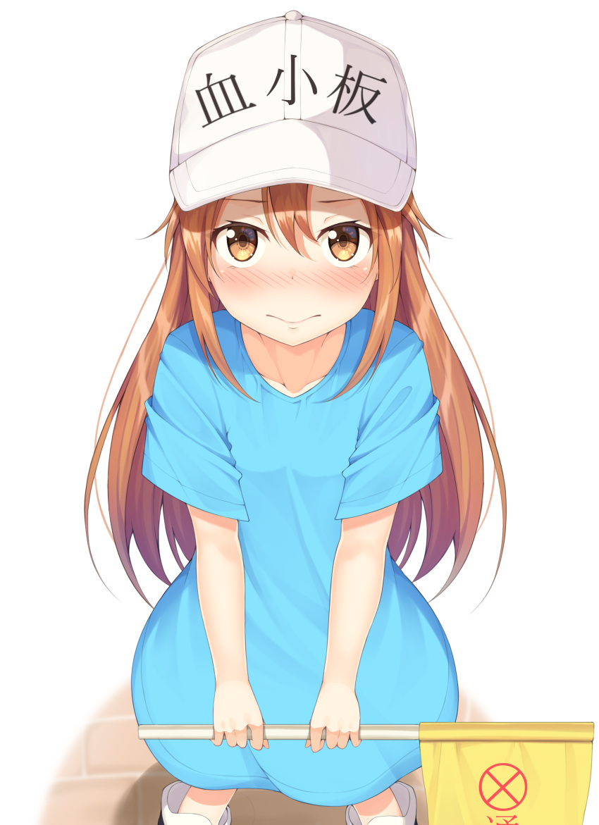 1girl absurdres blue_shirt blush brown_eyes brown_hair closed_mouth collarbone flag flat_cap half-closed_eyes hat hataraku_saibou highres long_hair looking_at_viewer mottsun_(i_40y) oversized_clothes oversized_shirt platelet_(hataraku_saibou) shirt short_sleeves solo