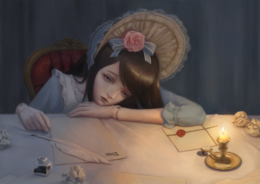 1girl bibido black_hair blue_eyes bonnet candle crumpled_paper doll_joints flower hair_flower hair_ornament hair_ribbon highres indoors ink letter long_hair looking_at_viewer original quill ribbon sitting table wax_seal