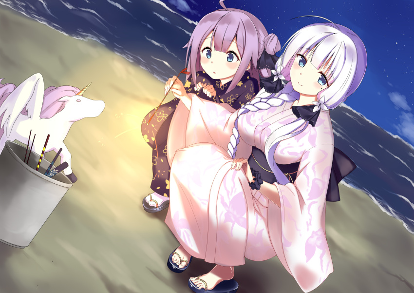 2girls absurdres ahoge alicorn animal animal_print azur_lane bangs beach black_kimono black_ribbon blue_eyes blue_footwear blush braid bucket commentary_request dutch_angle eyebrows_visible_through_hair fireworks fish_print floral_print goldfish_print grey_footwear hair_bun hair_ribbon highres holding horizon illustrious_(azur_lane) japanese_clothes kimono long_hair long_sleeves mamizu multiple_girls night night_sky ocean outdoors print_kimono purple_hair ribbon sand senkou_hanabi side_bun silver_hair sky socks sparkler squatting star_(sky) starry_sky tabi toenails twin_braids unicorn_(azur_lane) very_long_hair water white_kimono white_legwear wide_sleeves yukata zouri