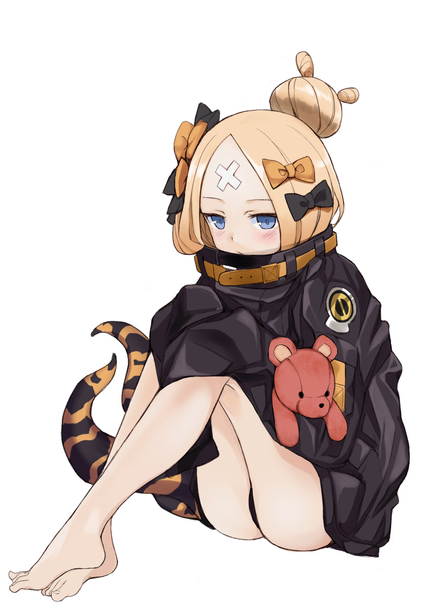 1girl abigail_williams_(fate/grand_order) absurdres animal_print ass baicha bangs bare_legs barefoot black_bow black_jacket black_panties blonde_hair blue_eyes bow commentary_request crossed_bandaids fate/grand_order fate_(series) full_body hair_bow hair_bun highres jacket long_hair long_sleeves object_hug orange_bow panties parted_bangs simple_background sitting sleeves_past_fingers sleeves_past_wrists solo stuffed_animal stuffed_toy teddy_bear tentacle tiger_print toenails underwear white_background