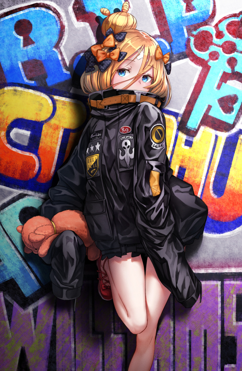 1girl abigail_williams_(fate/grand_order) bangs black_bow black_jacket blonde_hair blue_eyes blush bow commentary_request covered_mouth crossed_bandaids eyebrows_visible_through_hair fate/grand_order fate_(series) fusante graffiti hair_between_eyes hair_bow hair_bun head_tilt highres jacket long_hair long_sleeves object_hug orange_bow parted_bangs polka_dot polka_dot_bow red_bow red_footwear shoes sleeves_past_fingers sleeves_past_wrists solo standing standing_on_one_leg stuffed_animal stuffed_toy teddy_bear