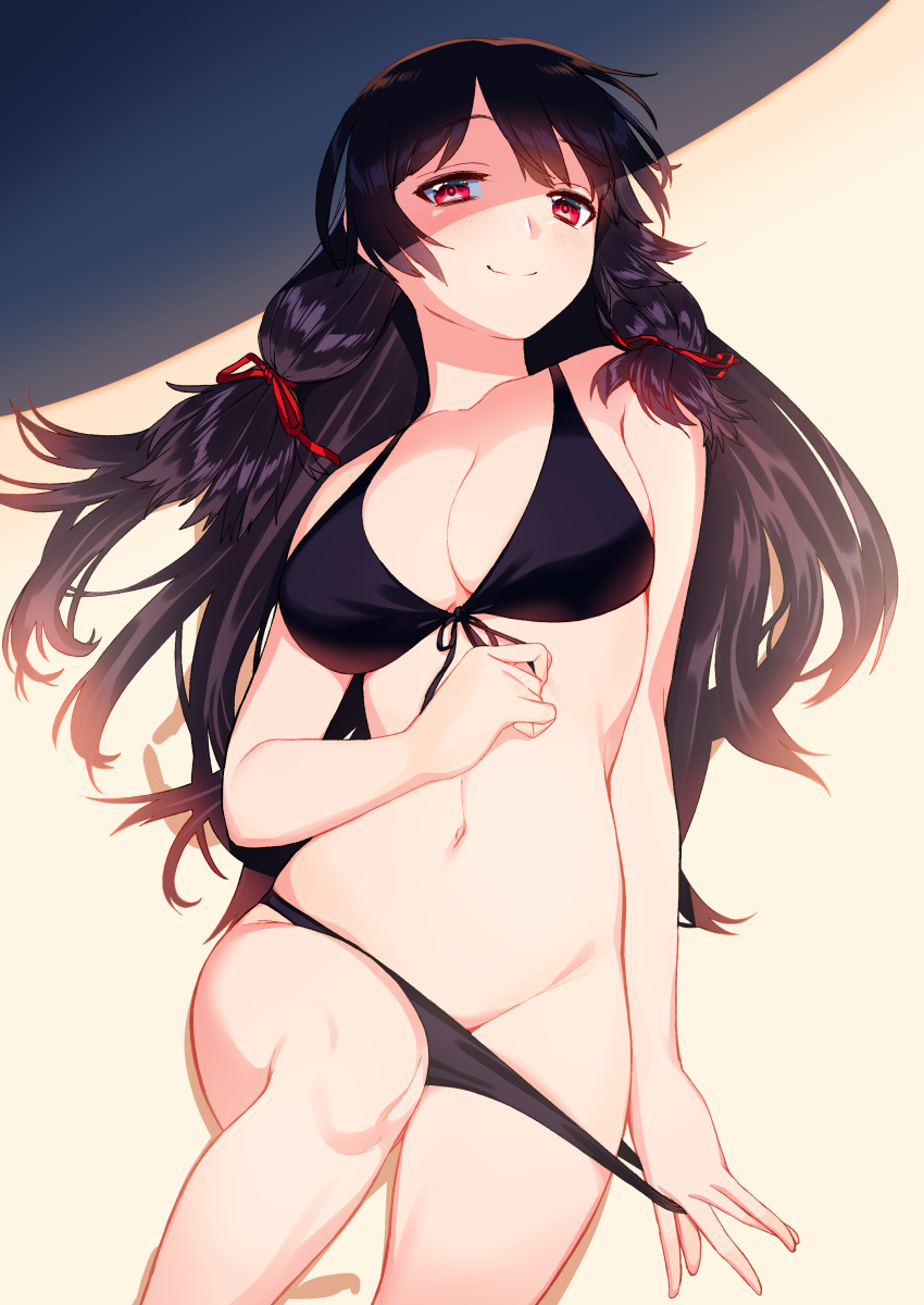 1girl absurdres arm_at_side bikini bikini_pull black_hair blew_andwhite breasts cleavage front-tie_bikini front-tie_top hair_ribbon highres isokaze_(kantai_collection) kantai_collection large_breasts long_hair looking_at_viewer lying navel on_back pulled_by_self red_eyes ribbon smile solo swimsuit